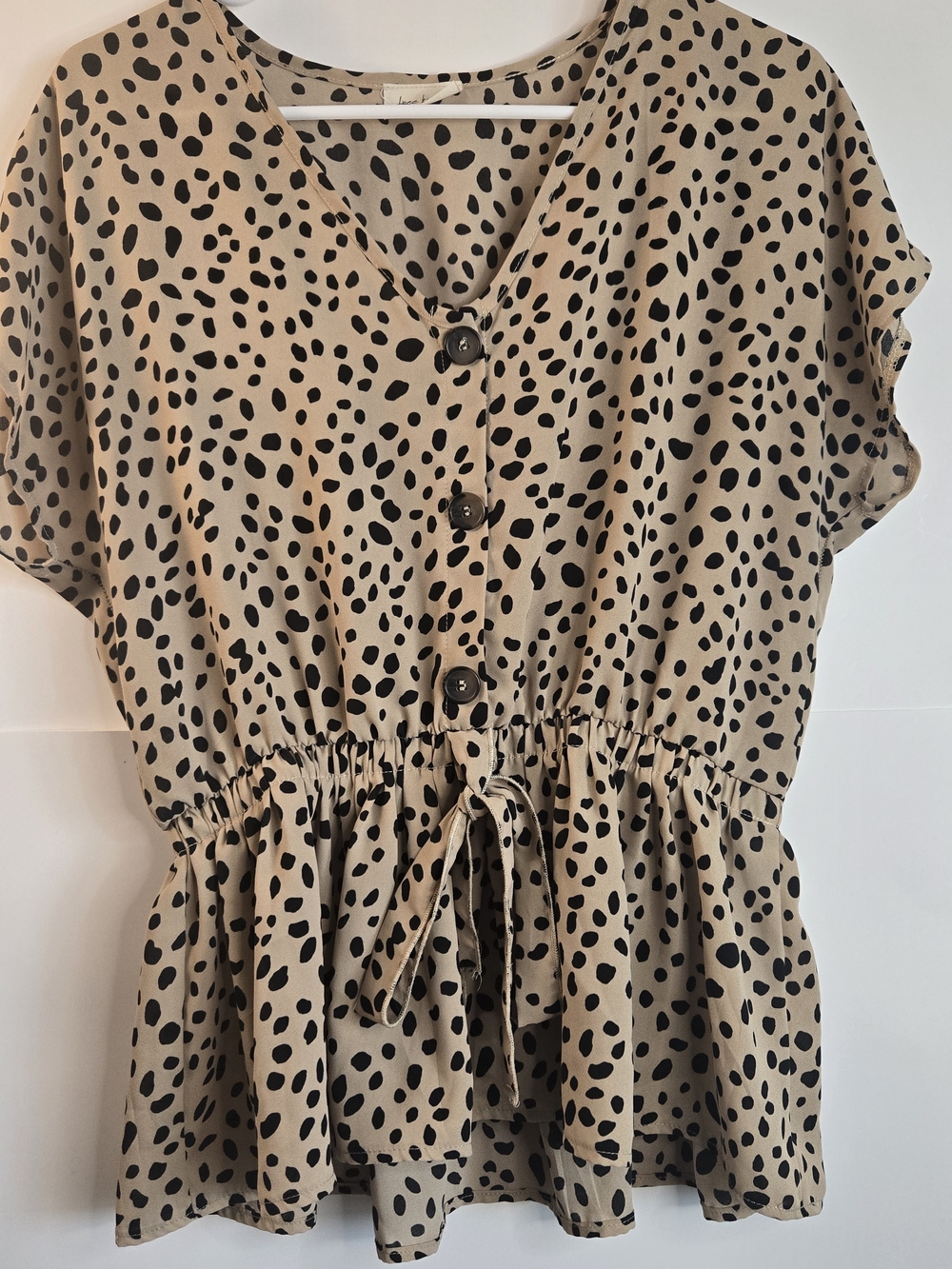 Free Kisses Beige Short Sleeve V-Neck Peplum Button Front Top with Black Spots